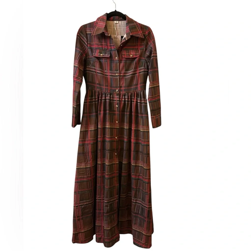 Oyrosy Retro Ethnic Style Lapel Reddish Brown Plaid Maxi Dress size S - Picture 3 of 11